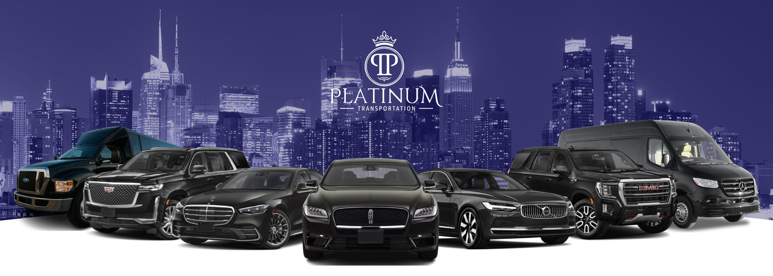 Platinum Transportation luxury fleet in front of NJ and NY skyline hero banner