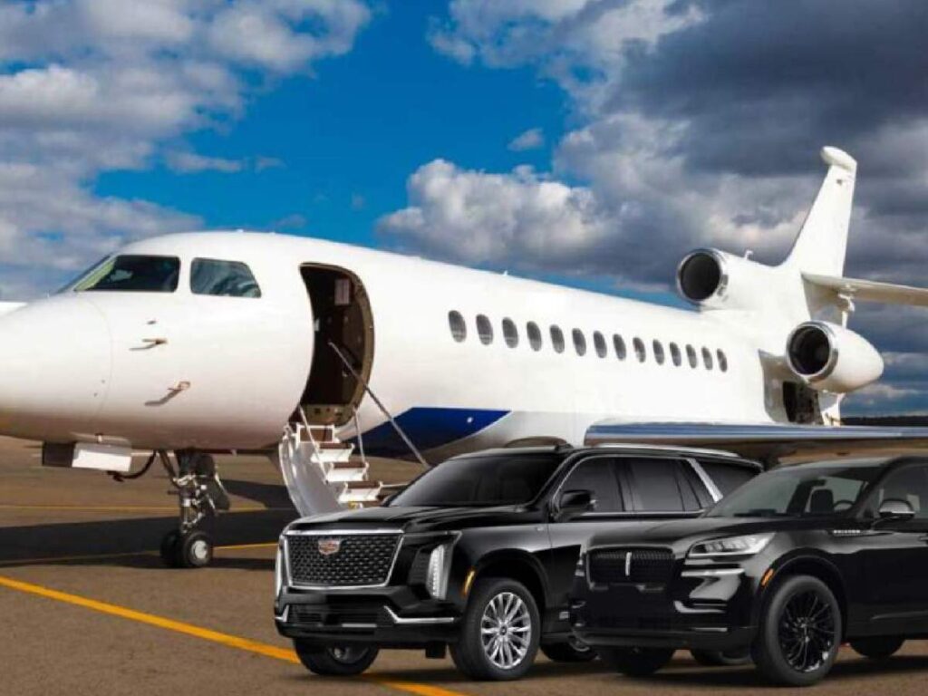 VIP passenger boarding a private jet with luxury black car transfer