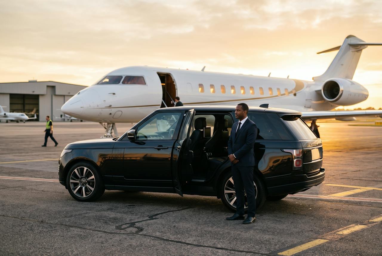 Black SUV beside a private jet for private aviation transportation