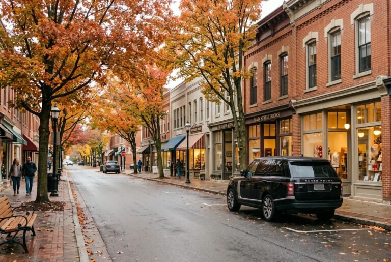 Black SUV on a tree-lined Bergen County downtown street