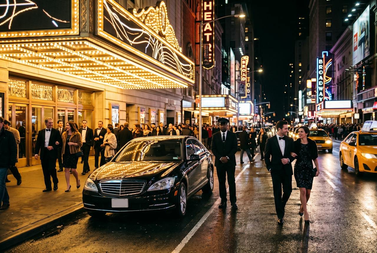 Theater district at night with a black sedan at the curb