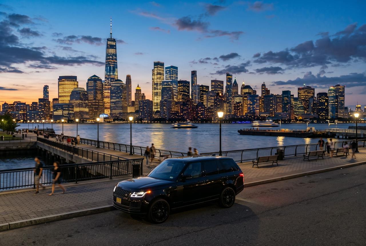 Black SUV on the Hudson waterfront with the Manhattan skyline