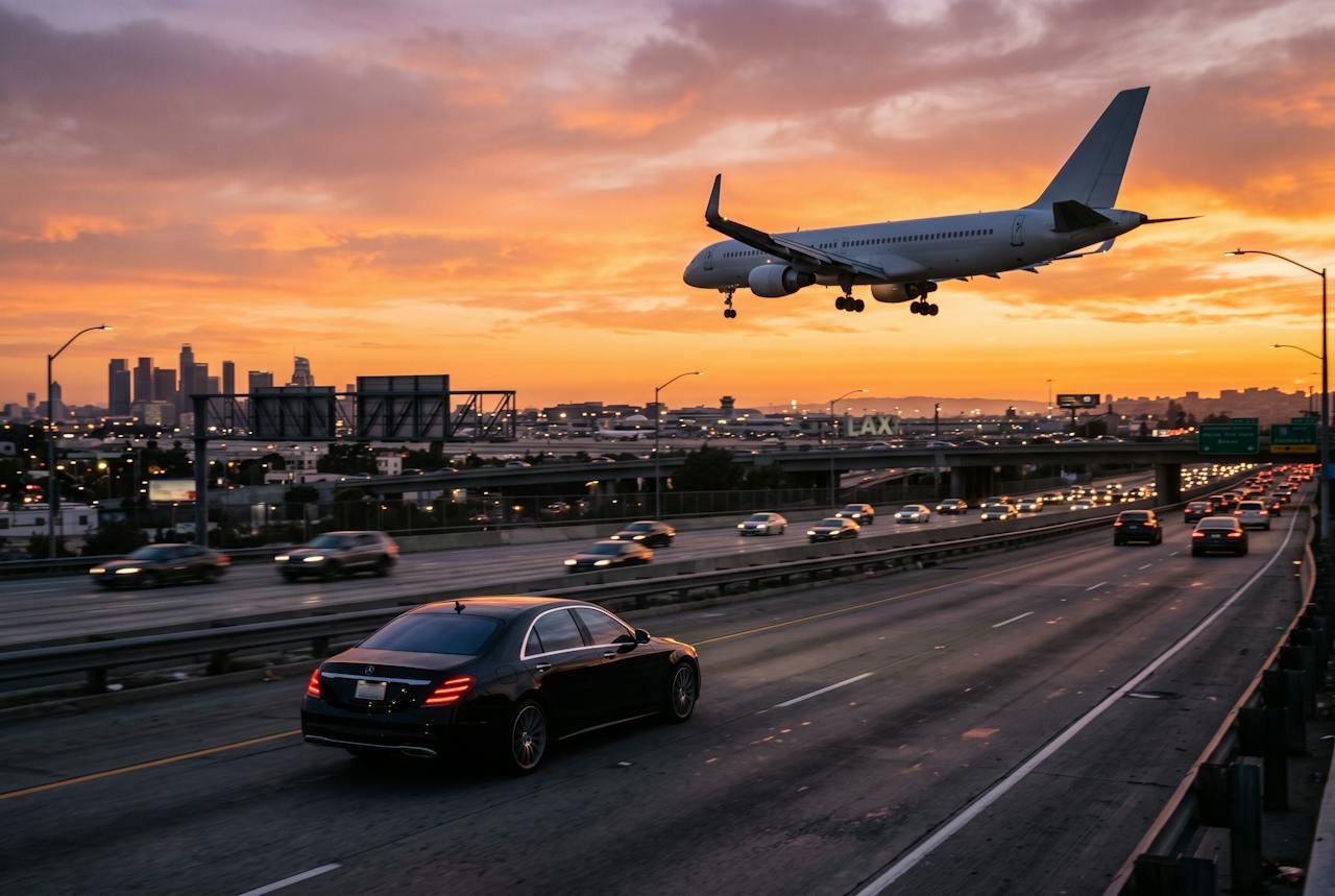 Passenger aircraft over an expressway with a black sedan for JFK airport car service