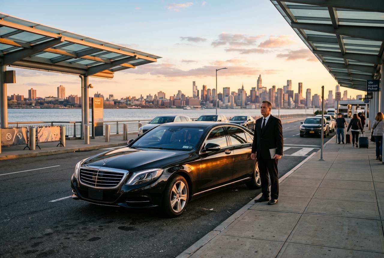 Black sedan at an airport pickup lane with a distant skyline for LaGuardia car service