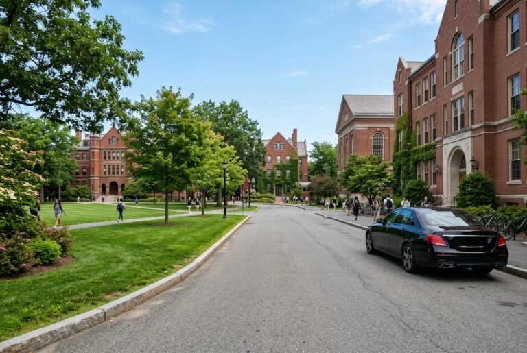 Black sedan on a brick-building campus road in Middlesex County