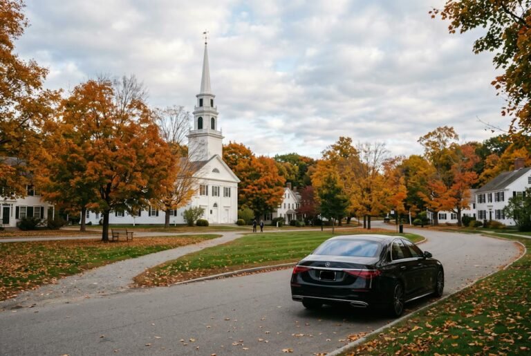 Black sedan beside a historic town green in Morris County