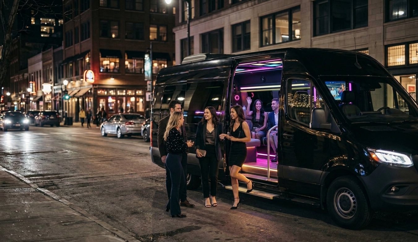 Friends boarding a black Sprinter party van at night