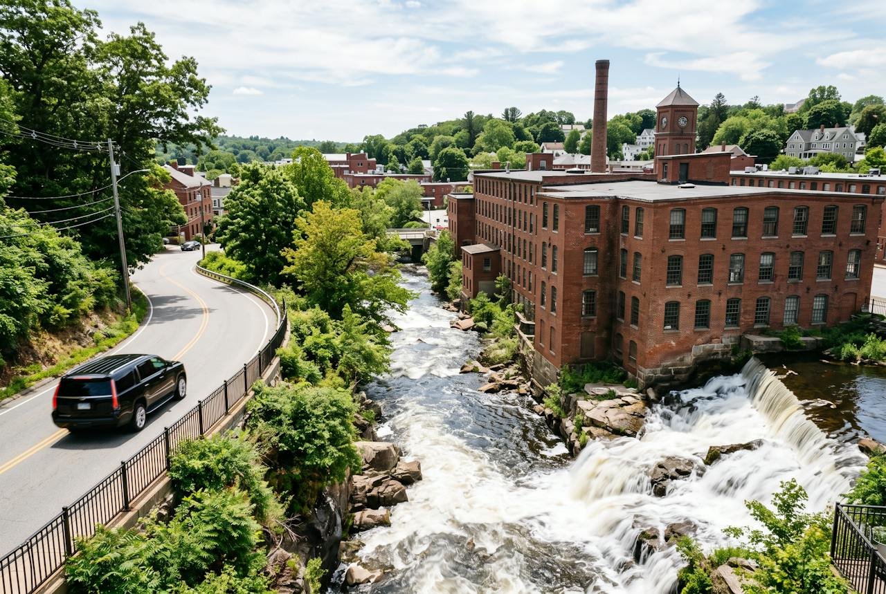 Black SUV near a waterfall and brick mills in Passaic County