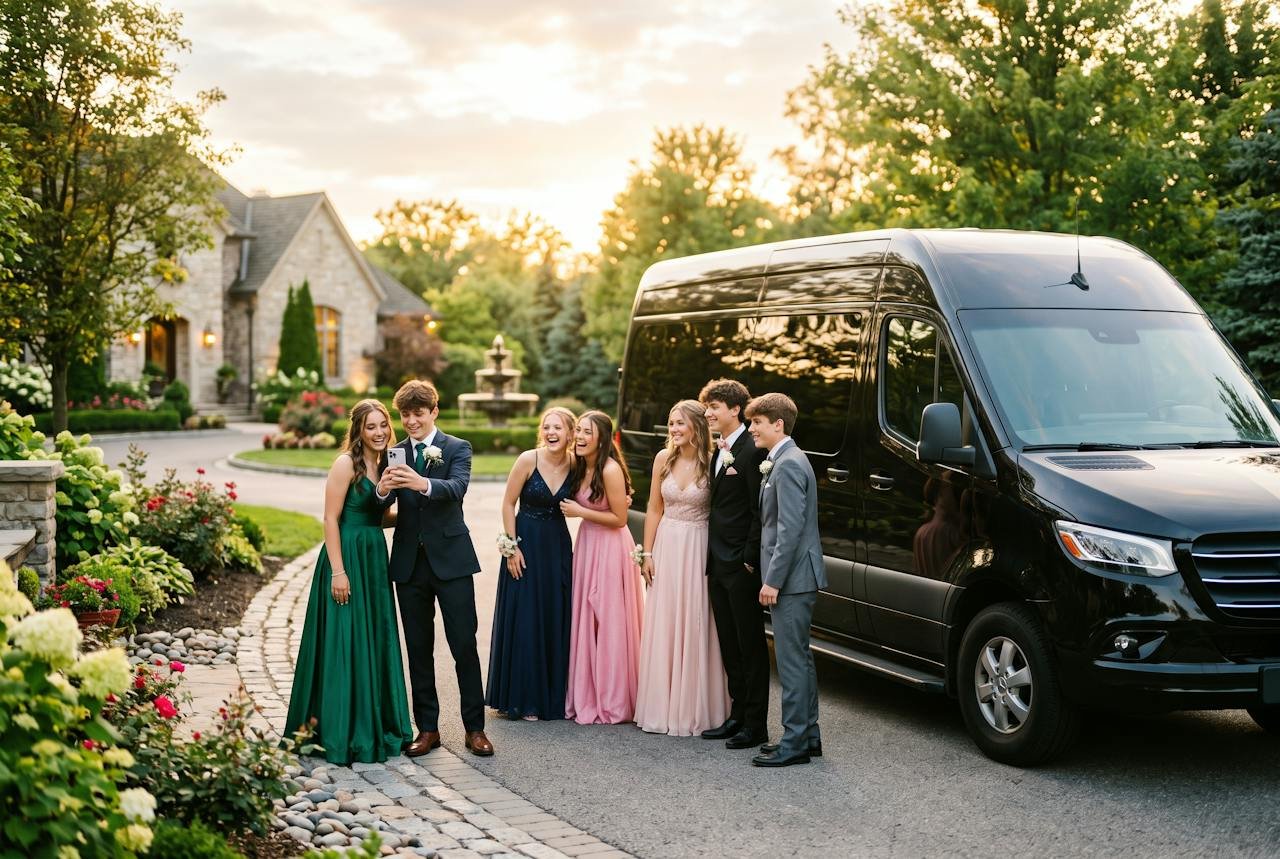 Teens in formal wear beside a black Sprinter van for prom