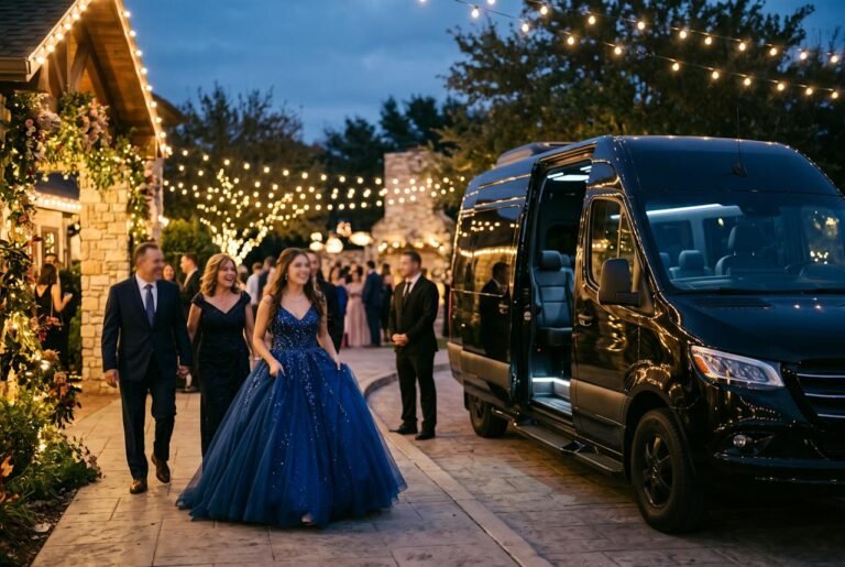Quinceañera in a ball gown walking to a black Sprinter limo van