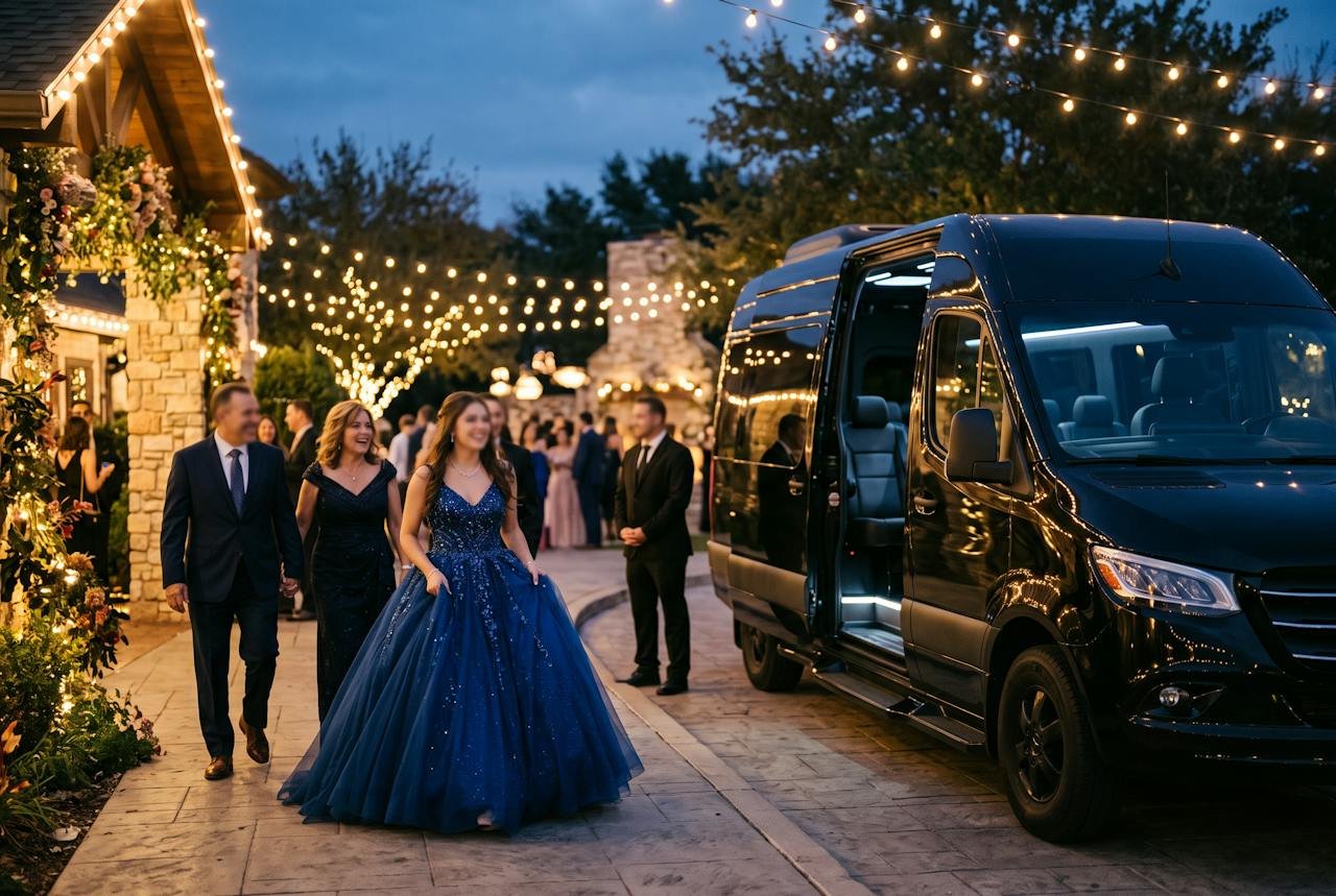 Quinceañera in a ball gown walking to a black Sprinter limo van