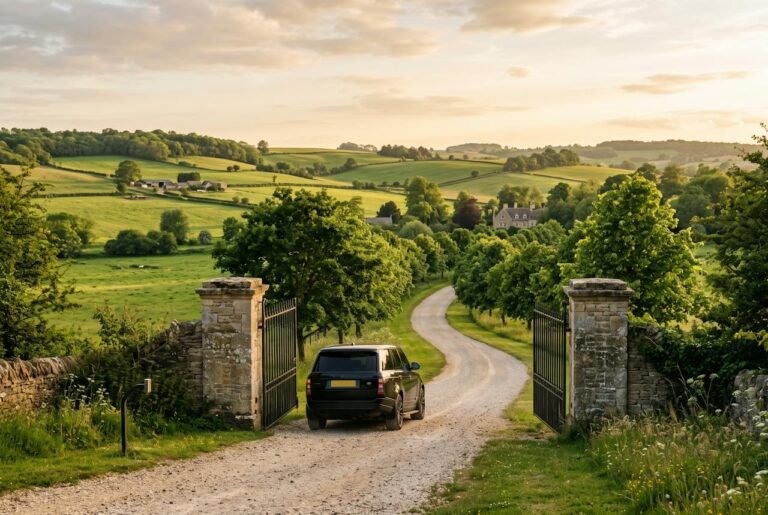 Black SUV approaching a stone-gated estate in Somerset County