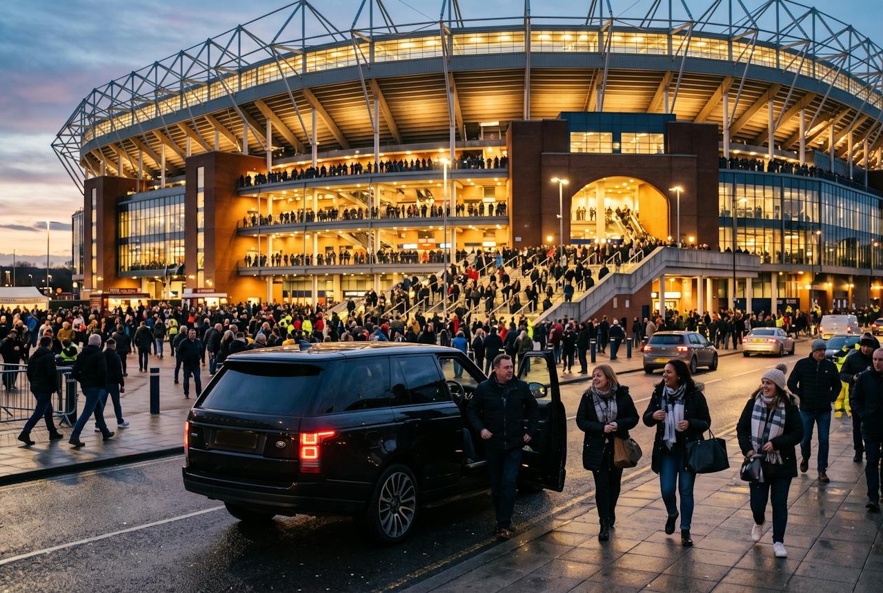 Stadium at dusk with a black SUV dropping off fans