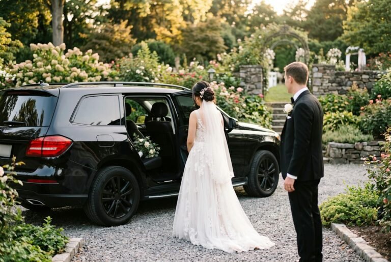 Bride and groom beside a black luxury SUV for wedding transportation